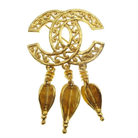 Auth CHANEL CC Logos Fringe Motif Brooch Pin Corsage Gold-plated 95A Vintage - Picture 1 of 4
